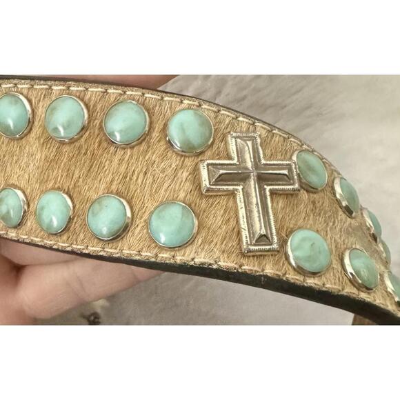 Vintage Hand Tooled Western Belt Turquoise Y2K Cowgirl Grunge Genuine Leather 38 main image 6